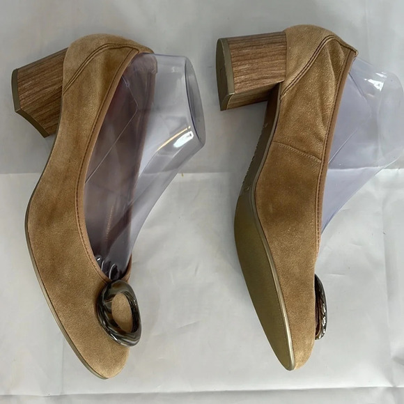 HISPANITAS Suede Wood Block Heel Pump Tan Tortoiseshell Decorative Buckle 39.5 - Picture 7 of 12